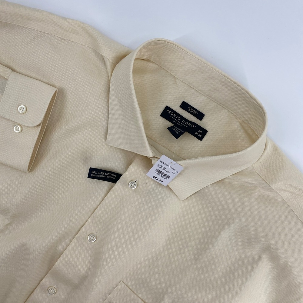 NEW Pronto Uomo Dress Shirt Mens 20 34/35 Cream Yellow Slim Fit Non-Iron Formal
